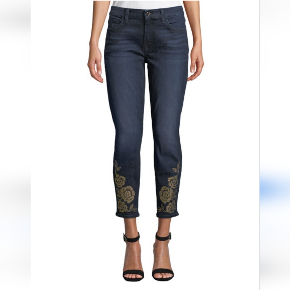 7 For All Mankind Jen 7 High Rise Ankle Jean Brass Metallic Embellished Floral - Picture 11 of 11